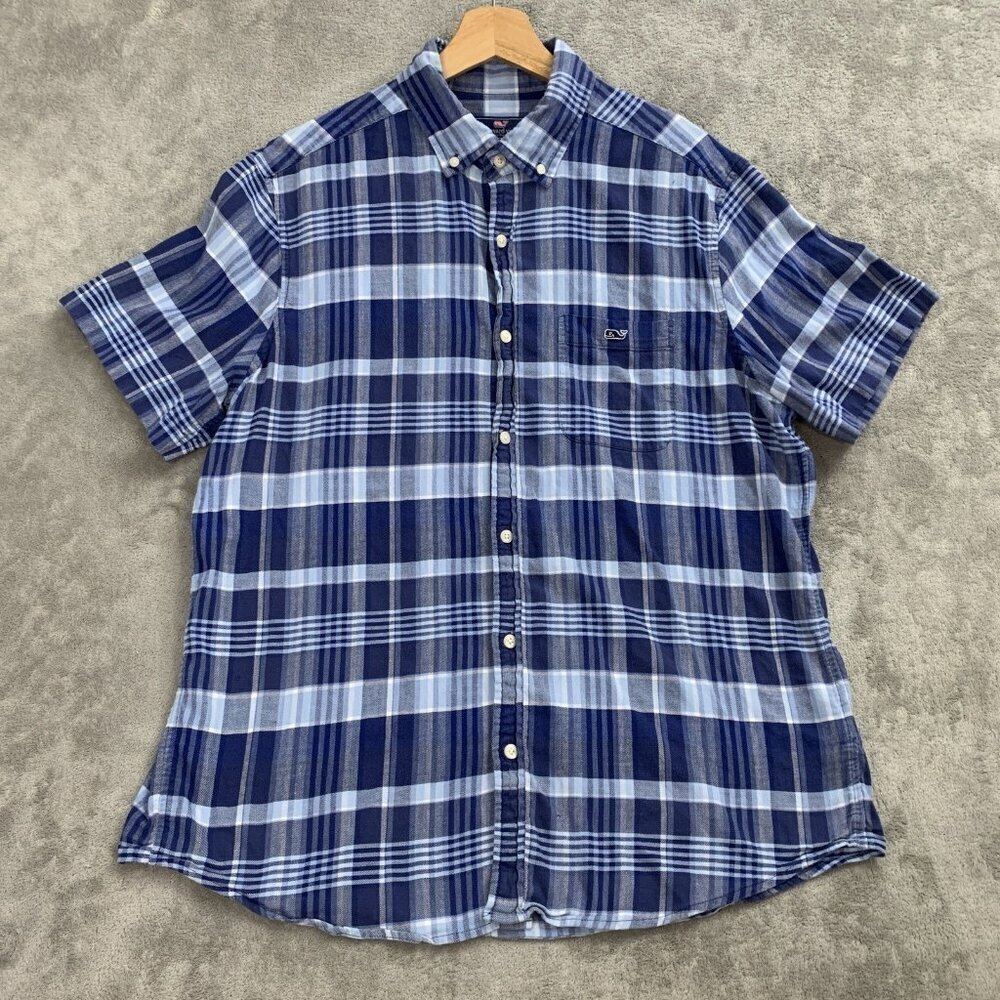 Vineyard Vines Tucker Shirt Mens Large Classic Fit Blue Plaid Casual Camp